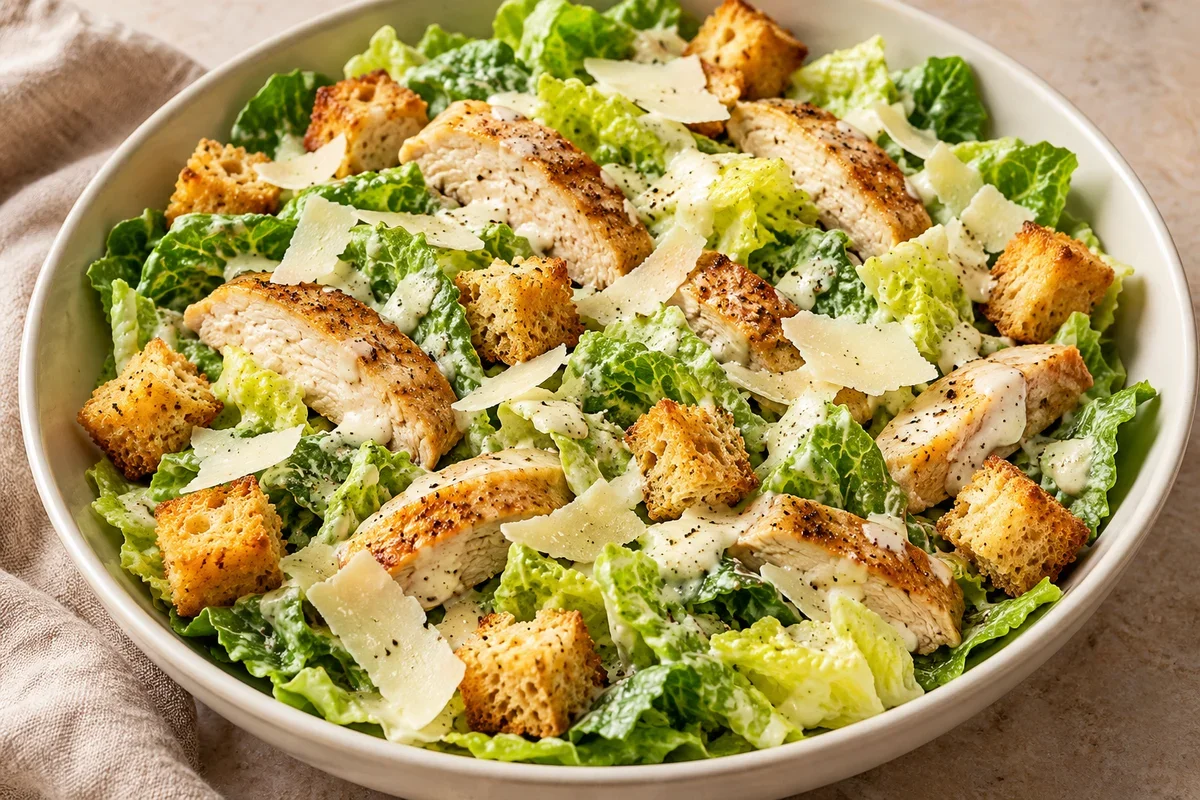 Цезарь с курицей, хрустящими сухариками и сырной стружкой.