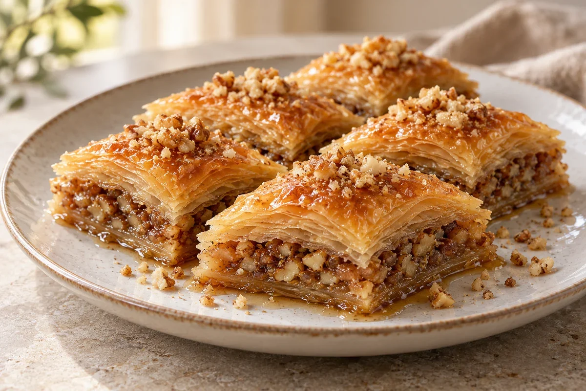 Пахлава с грецкими орехами и медовым сиропом.