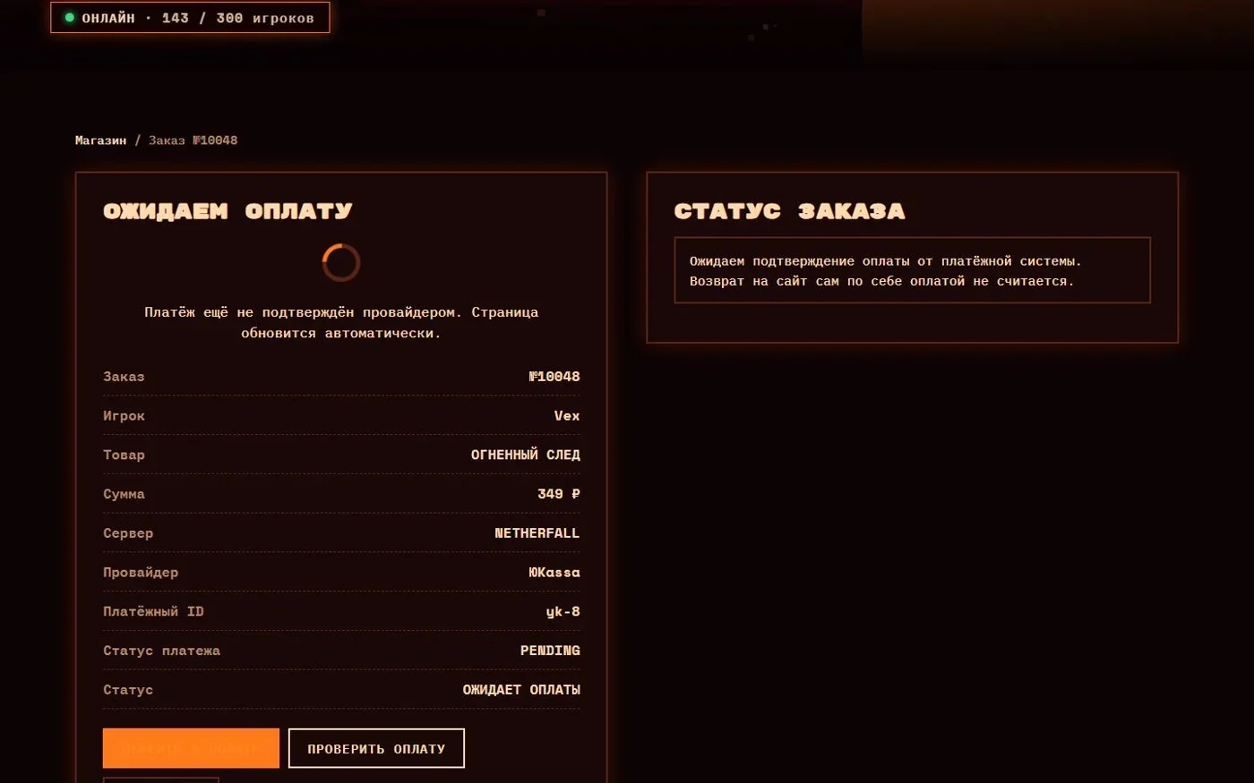 Заказ в ожидании оплаты