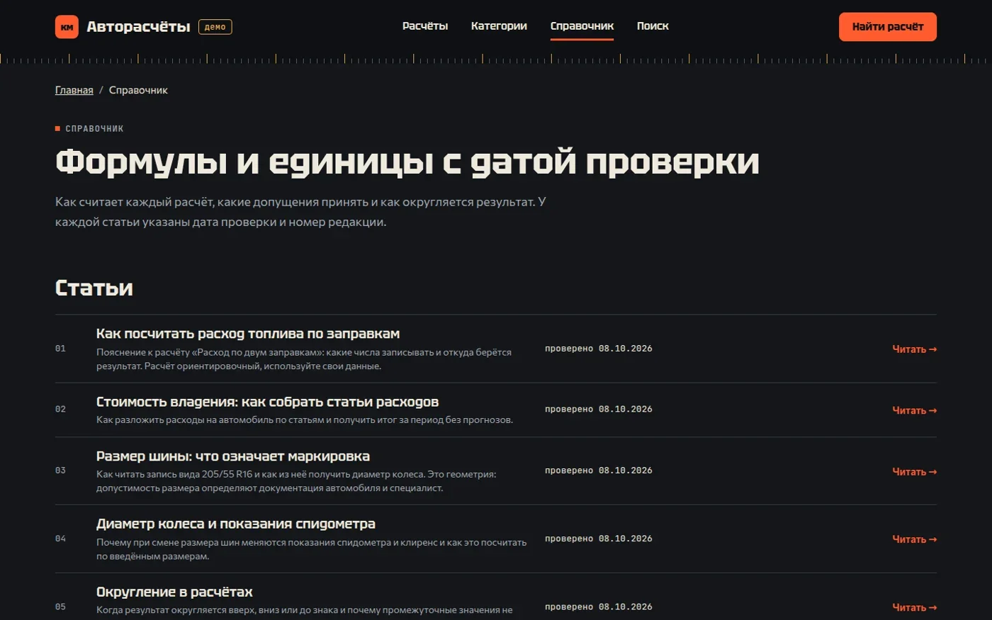 Список статей автомобильного справочника