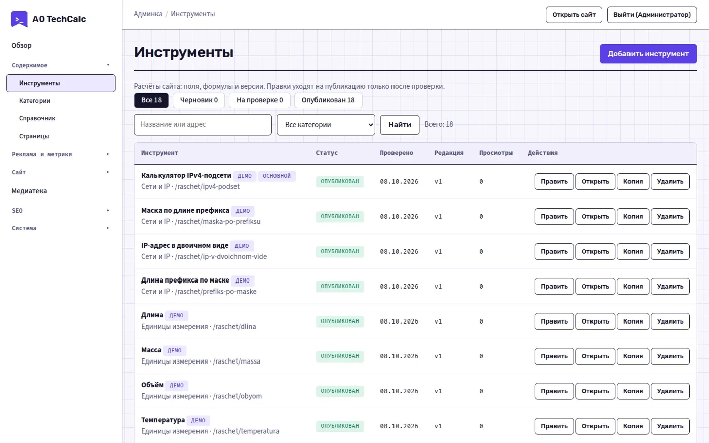 Список инструментов в админке