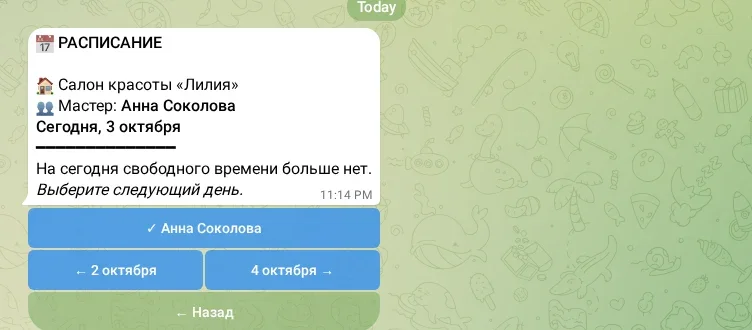 Расписание мастера на выбранный день