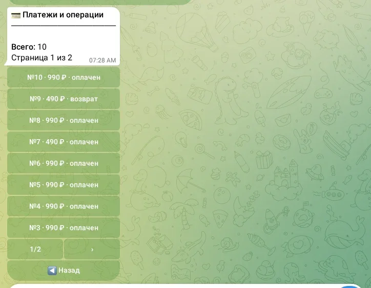 Список платежей и операций