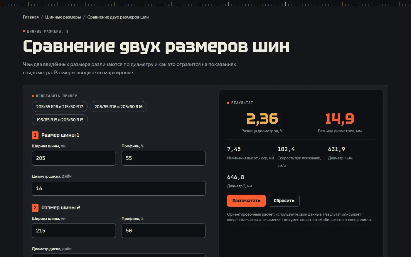 Сравнение двух размеров шин