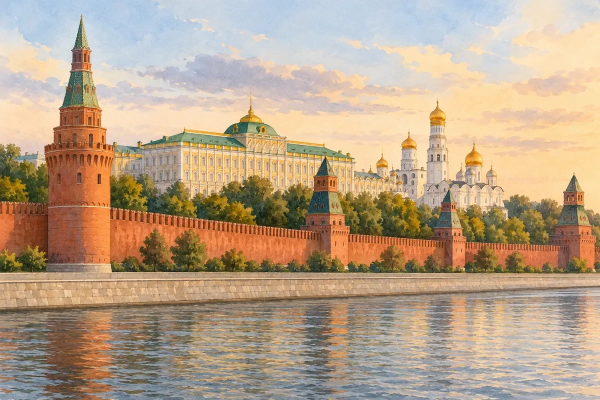 Кремлёвские стены и башни над рекой в художественной панораме Москвы.