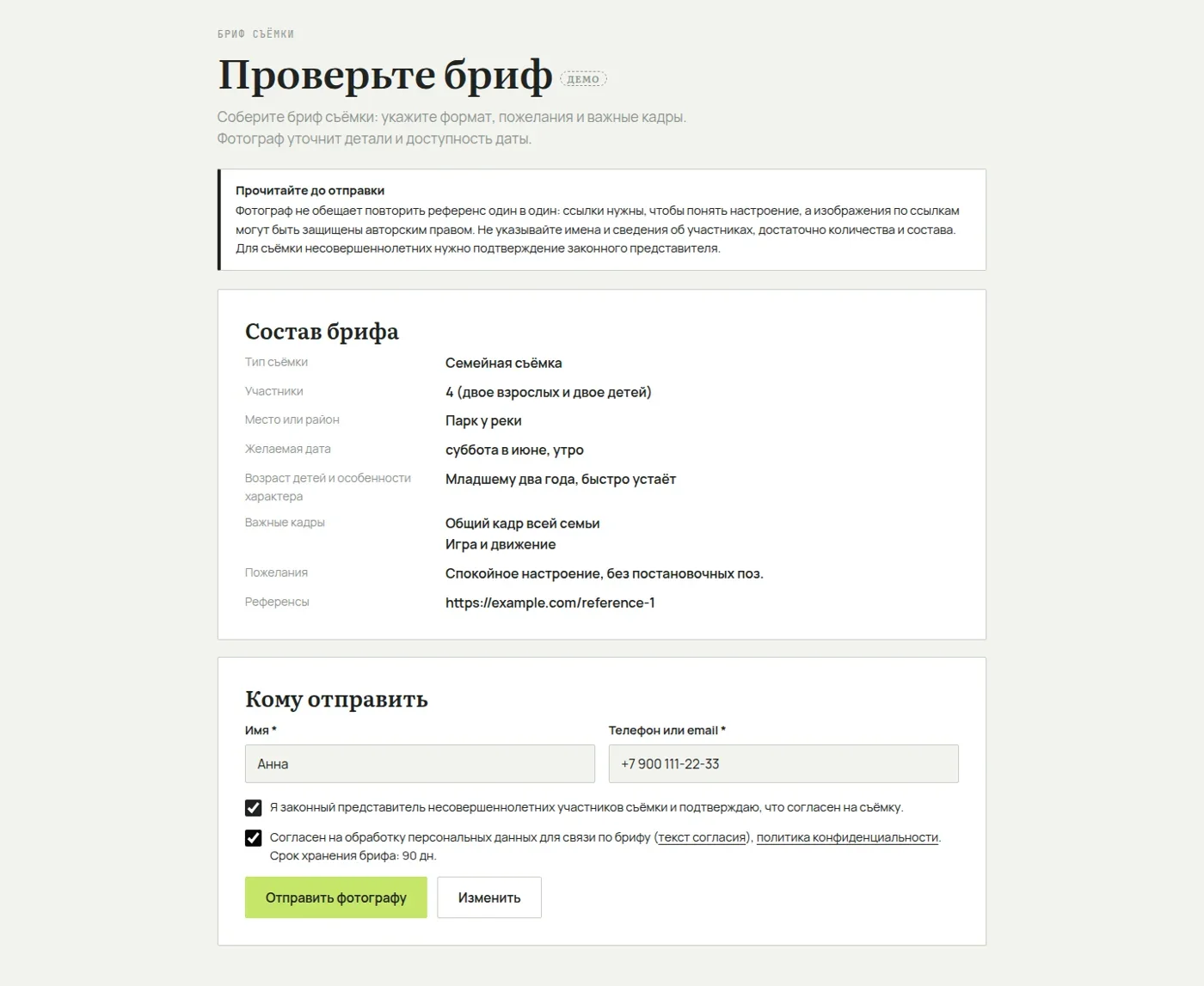 Проверка брифа перед отправкой