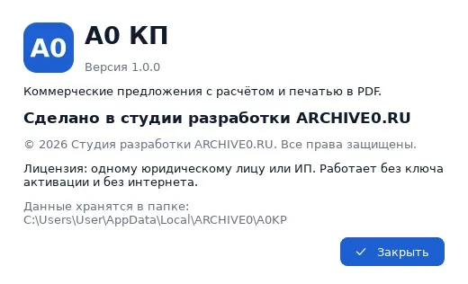Окно «О программе» A0 КП