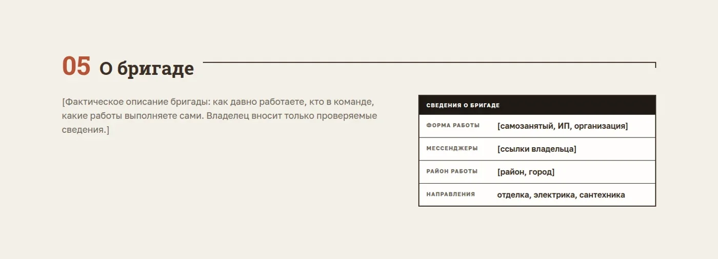 Блок сведений о бригаде