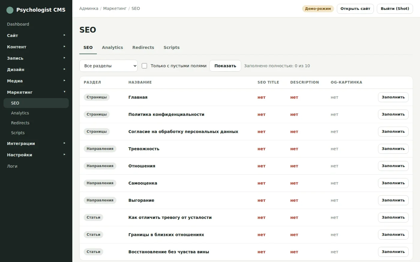 Таблица заполнения SEO для страниц