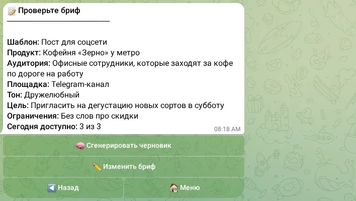 Проверка заполненного брифа