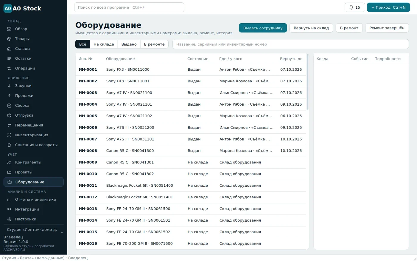 Оборудование со статусами и историей